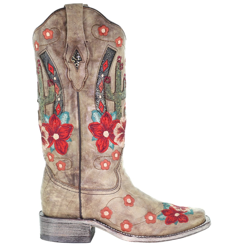 Womens Corral Taupe Cactus Overlay & Flowered Embroidery Sq Toe Boots A3769